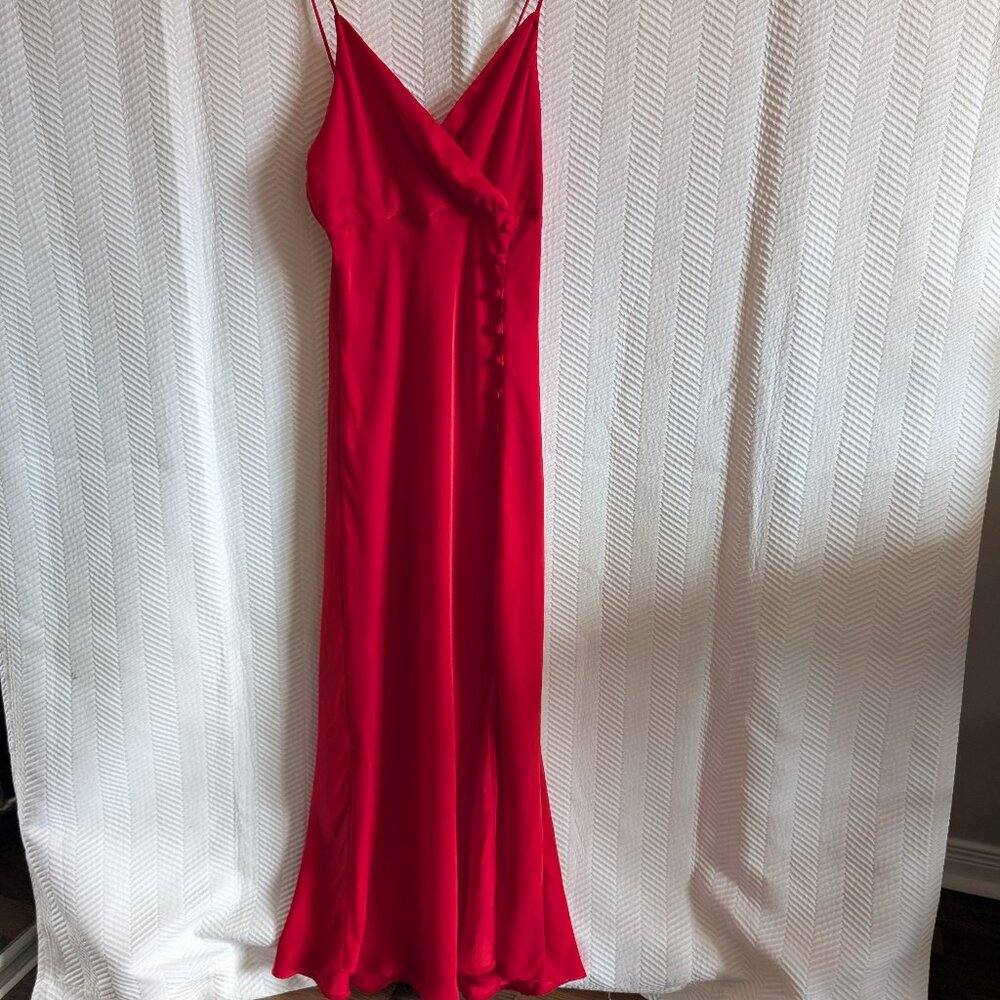 Zara Red Satin Midi Slip Dress Thigh Slit Button Details Size Medium